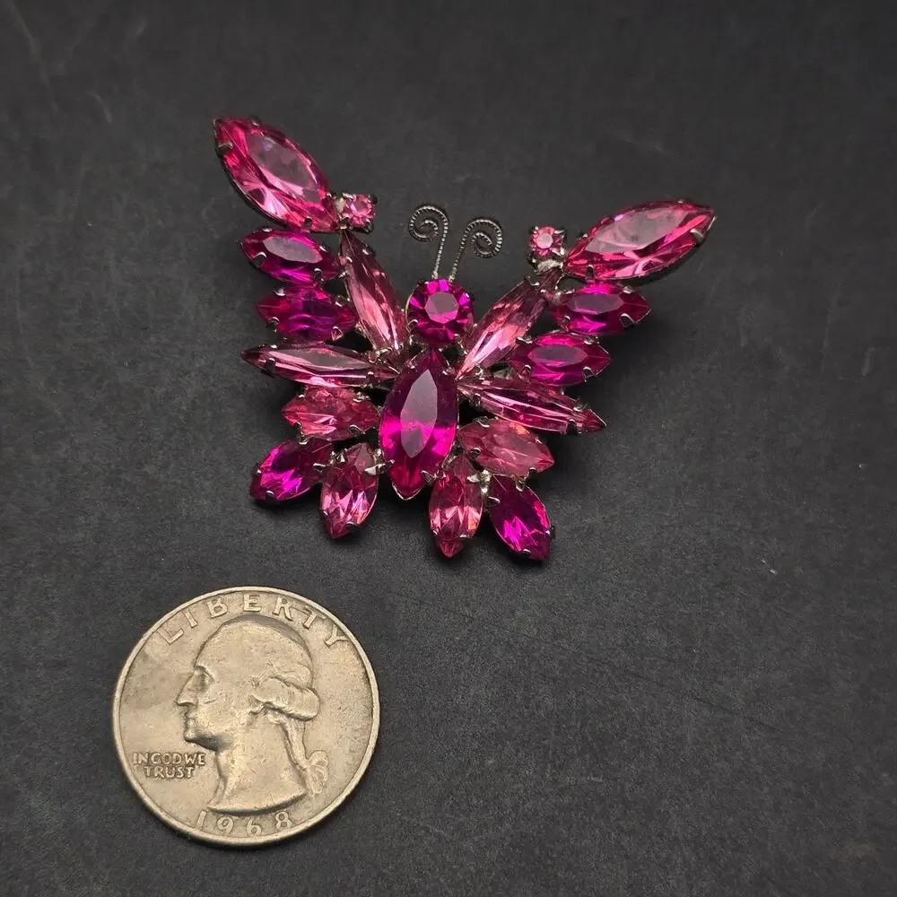 Juliana Pink Rhinestone Butterfly Brooch Vintage Verified Glam Costume Jewelry